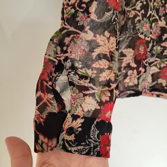 Zara Black Red Floral Print Ruffle Bib Long Sleeve Sheer Blouse Shirt Size XS - Picture 5 of 13